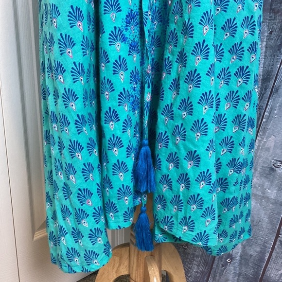 Roller Rabbit Cotton Dress L Block Print Turquoise Blue Tassel Tie Boho Beach - Picture 8 of 16